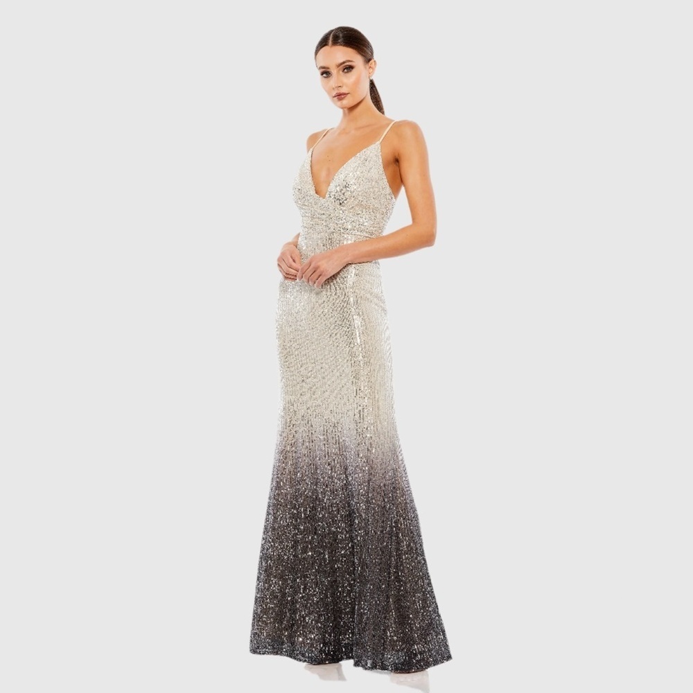 Mac Duggal Ombre Sequin Spaghetti Strap Prom Gown - Silver to Black